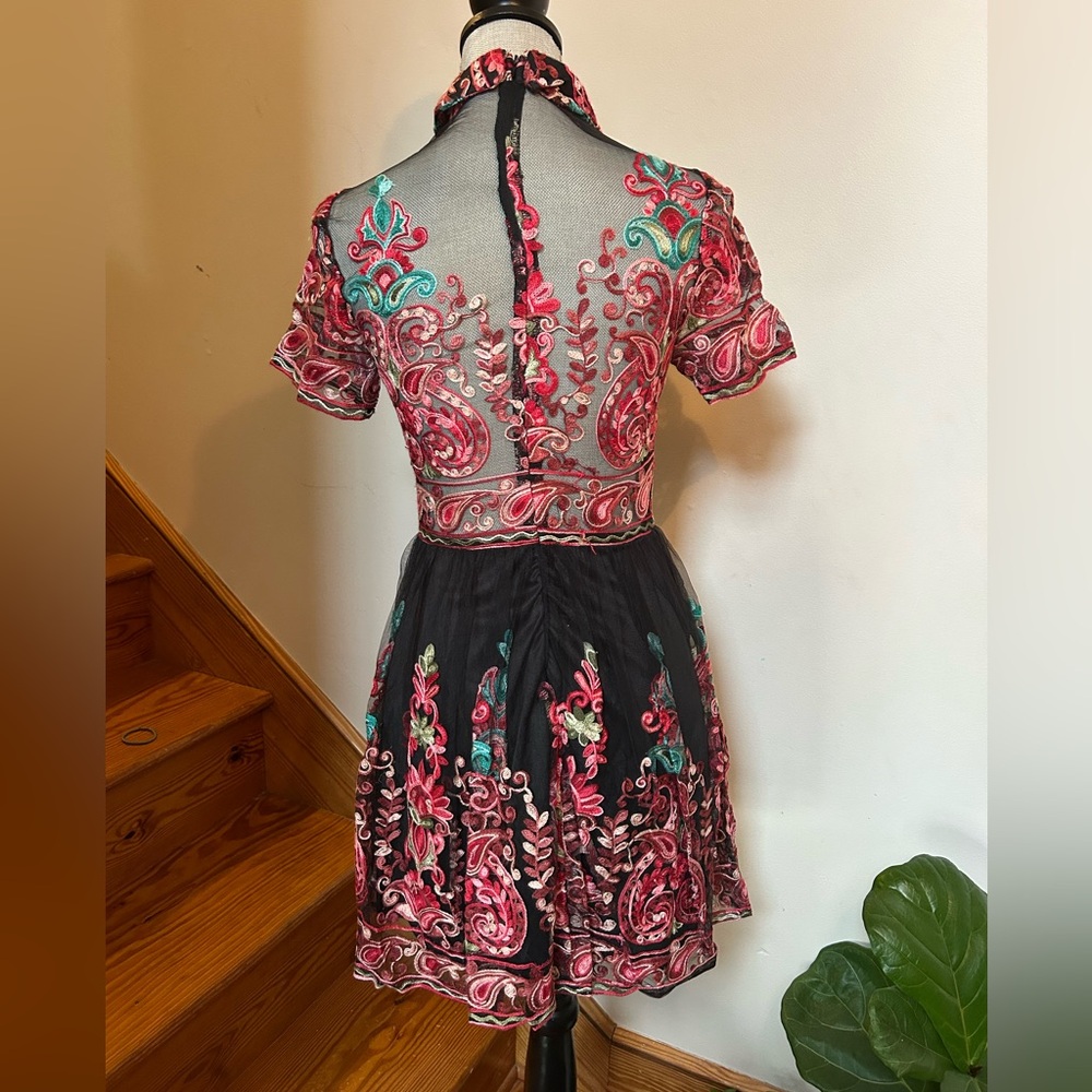 SHEIN Black Dress with Pink and Teal Embroidery